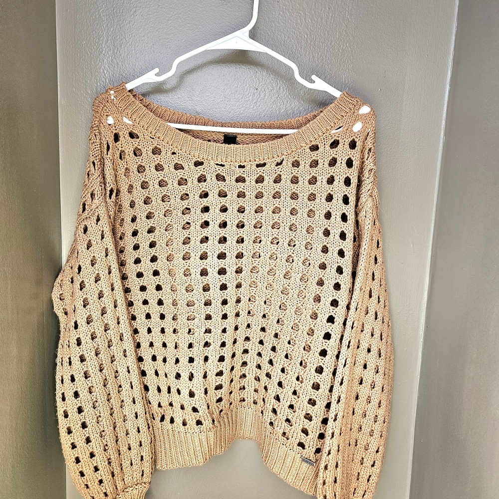 Savvi Dana Sweater Open Knit Crochet Mesh Pullover Boho Tan Beige Size Small